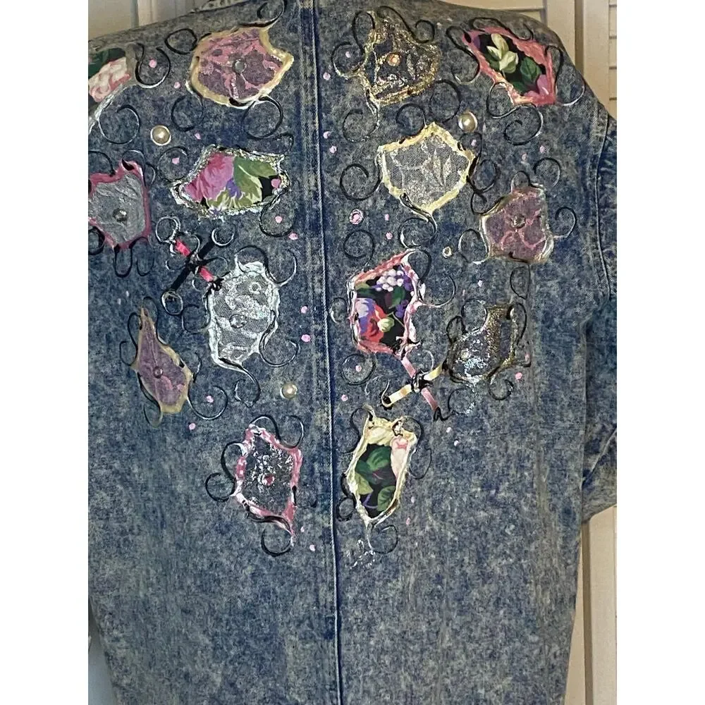 Vtg Acid Wash‎ Denim embellished Benningtons New York Duster Trench 80s M